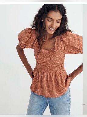 Madewell Rust- Puff Sleeve Smocked Top size 6